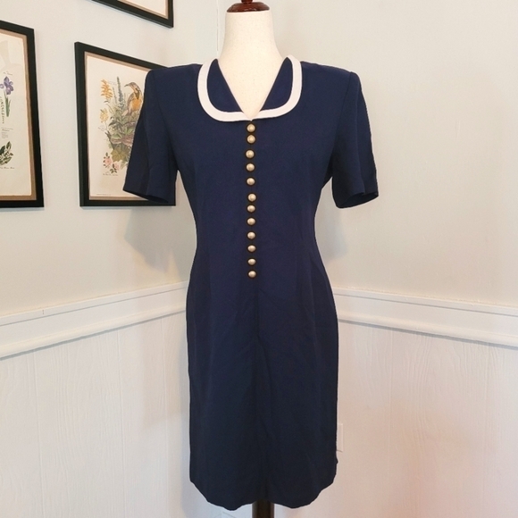 VINTAGE 80s Navy Button Down Collar  Secretary Nautical Dress Size 8 - Picture 2 of 11